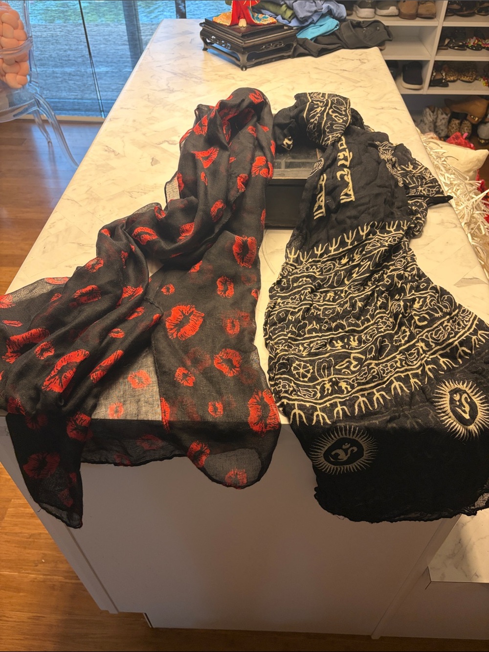 Laurence Kazar Black Scarf Duo with Red Lip Print & White Boho Motifs